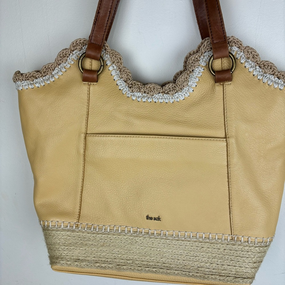 The SAK “Sierra” shoulder bag-Buttercup Espadrille leather w/crochet trim
